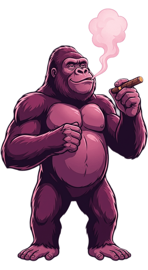 A muscular gorilla holds a lit cigarette and a large body, set against a dark purple background with a white cloud of smoke.