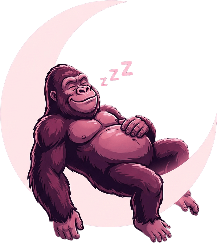 A cartoon gorilla sits on a vibrant purple crescent moon, surrounded by a gradient of purple and pink with a grid-like pattern.