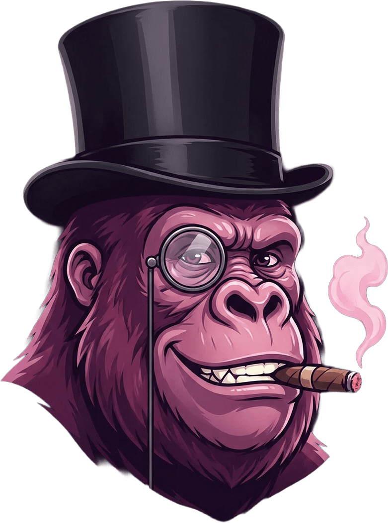A cartoon gorilla wearing a top hat and glasses smokes a cigar in a dark purple background with vibrant colors.