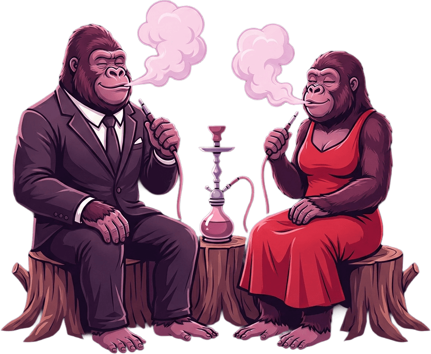 Man and woman sit on a tree stump, both smoking pipes, surrounded by a dark background with a bookshelf.