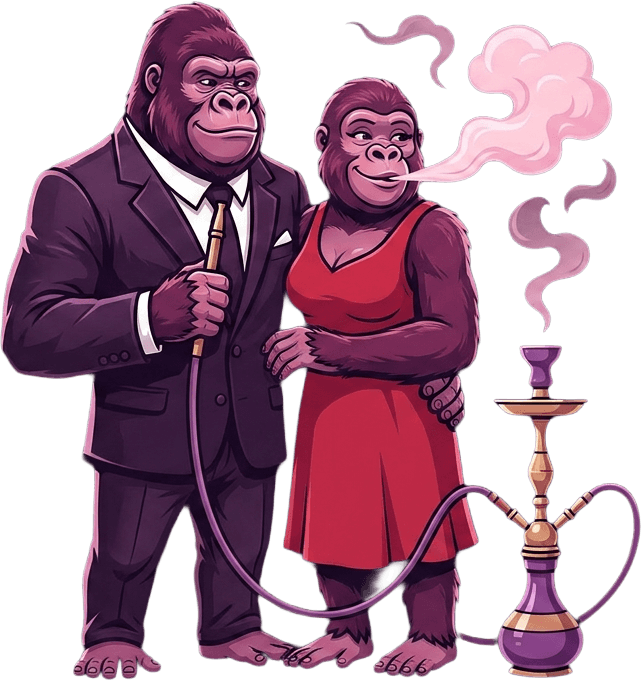 A man and woman stand side by side, the man in a black suit and tie, the woman in a red dress, both smoking.