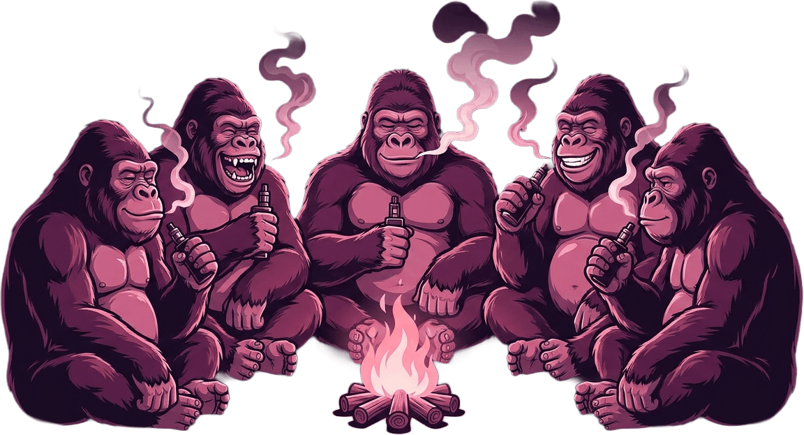 Illustration of multiple gorillas sitting in a circle around a small glowing campfire, each holding a vape and exhaling faint smoke, set against a simple dark background.